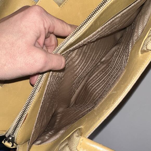 Prada Hand Bag Beige Yellow Canvas Leather Tote Authentic Vintage - Picture 14 of 15